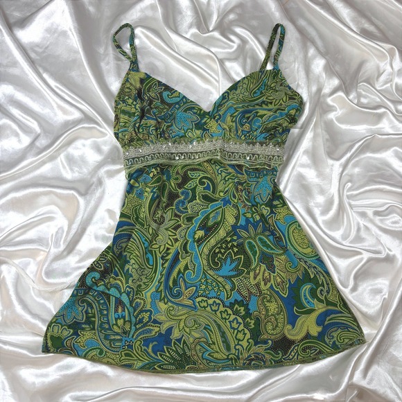 Perseption Tops - y2k Cami Top Green Excellent Paisley Sequin Empire Waist Perseption Tank